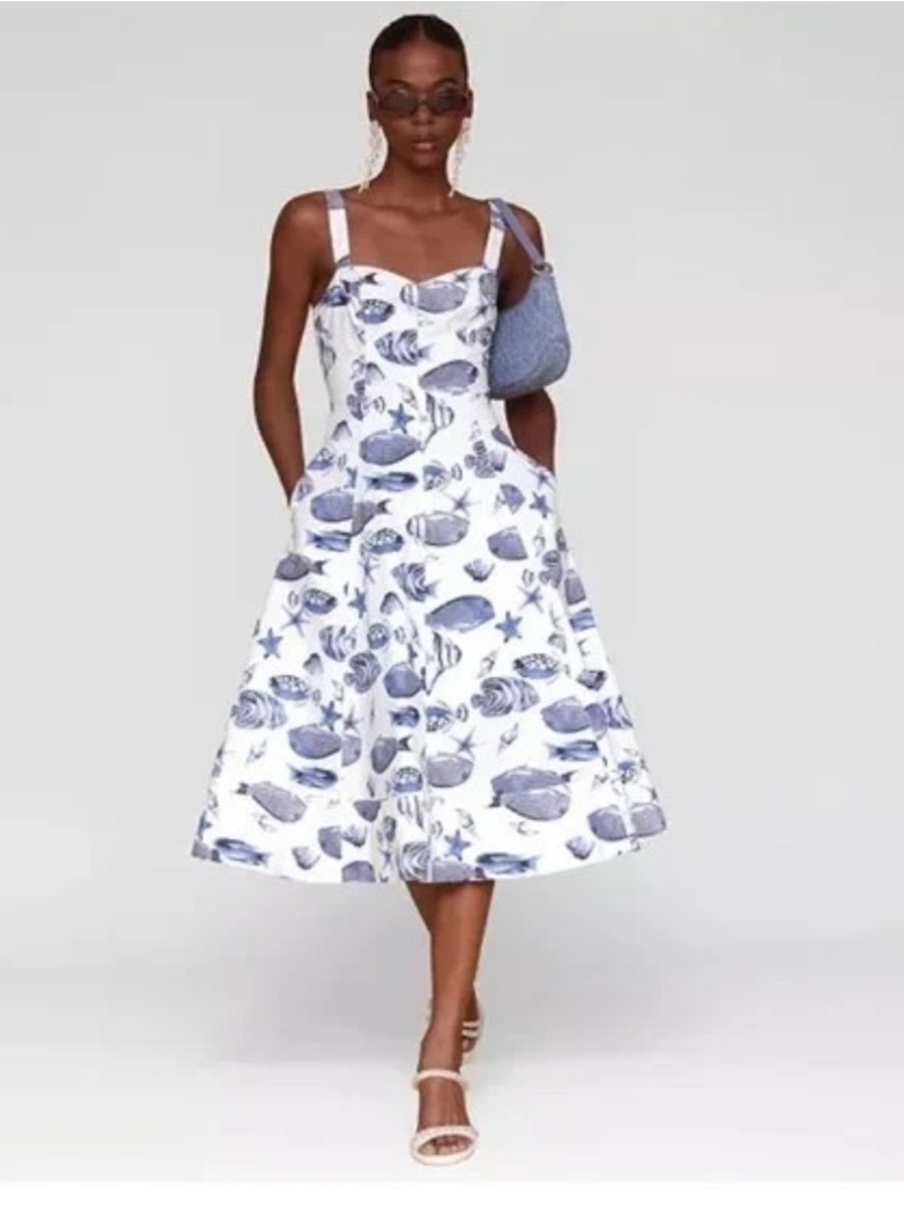 Avec Les Filles Fish Print Cotton Dress Blue White Womens Size 10 Sweetheart